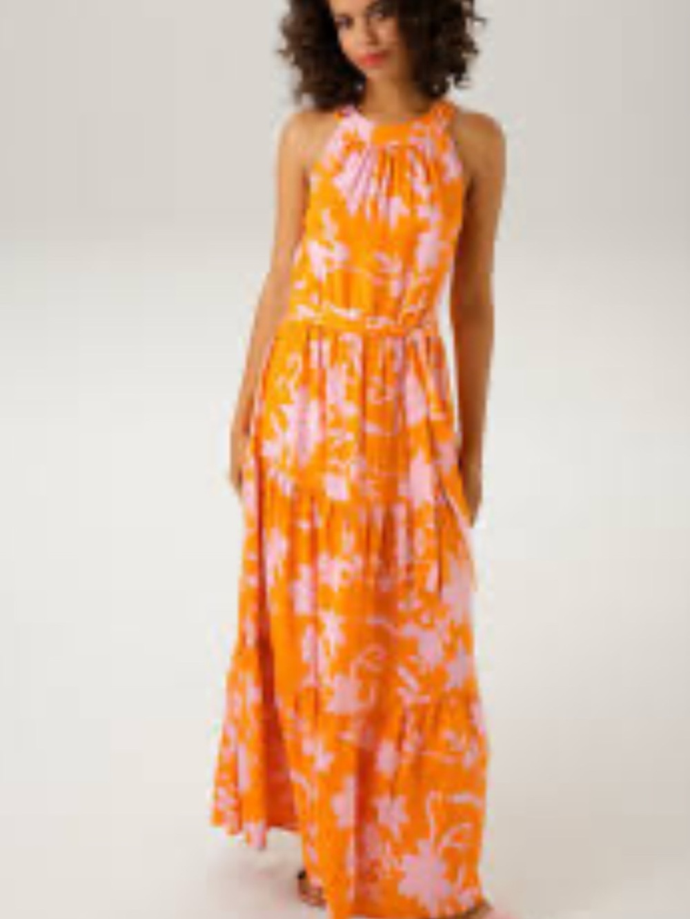 SHEIN Orange and Pink Floral Halter Maxi Dress